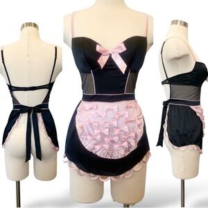 Y2k Victoria’s Secret Silky Satin Black Apron Pink Bows Costume Cosplay M 34B